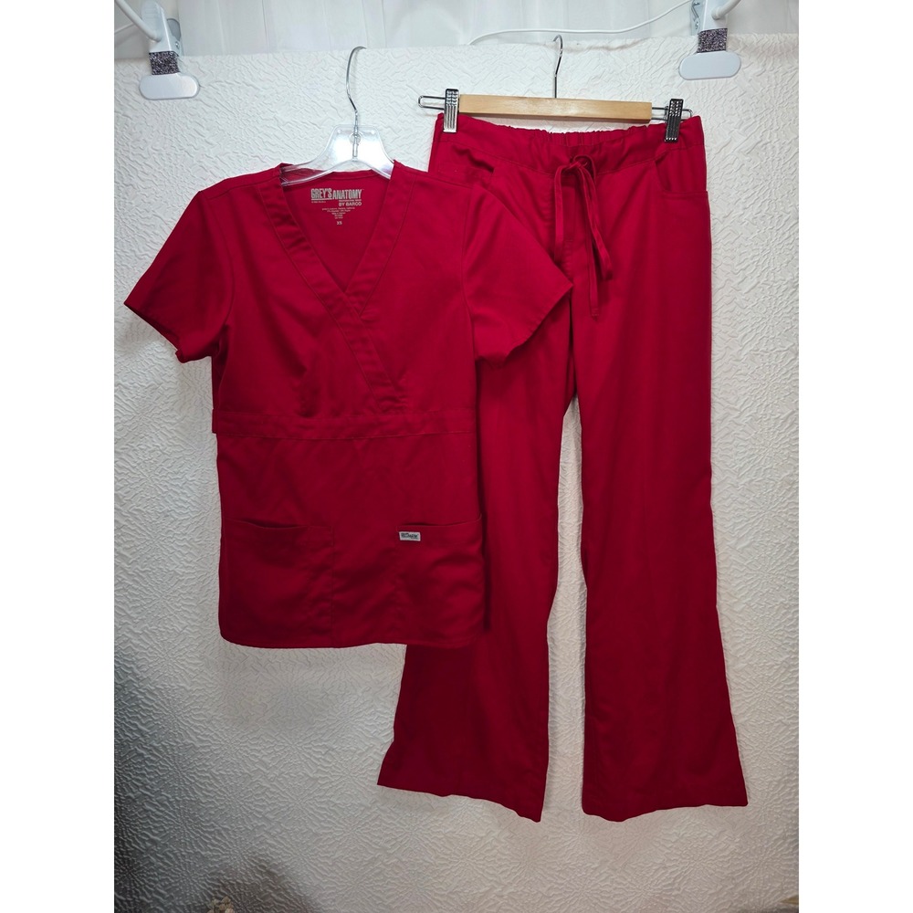 Grey's Anatomy Scrub Set Women XS/XSP Red Good Mock Wrap V-Neck Pants